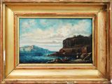 une peinture à l'huile représentant une côte rocheuse avec un voilier au loin