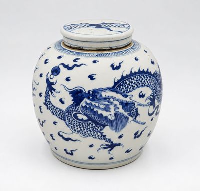 un pot bleu et blanc orné d'un motif représentant un dragon