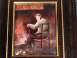 painting of an old man sitting in a chair with a cane