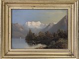 a picture of a painting of a lake and mountains