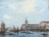 painting of a view of a city with boats in the water