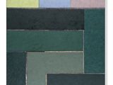une peinture abstraite composée de carrés verts, bleus, roses et jaunes