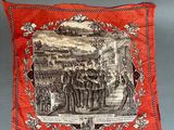 an old red and black picture of a group of people on a stage