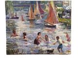 tableau représentant des enfants jouant dans l'eau, avec des voiliers en arrière-plan