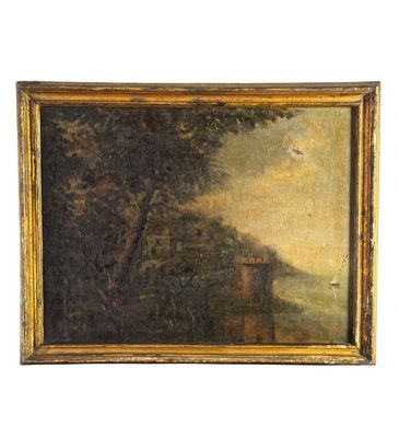 un vieux tableau représentant un paysage, avec un homme à cheval au premier plan