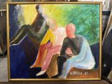 a painting of three people sitting on a bench