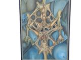 painting of a skeleton in a frame with a blue background