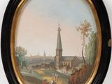 tableau représentant une scène de village avec une église en arrière-plan