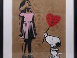 tableau représentant une fillette et un chien avec un ballon en forme de cœur