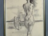 painting of a woman standing on a beach with her back to the camera