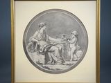 an old picture of a man and a woman sitting on a bench in front of a mirror