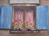 a painting of a window with blue shutters and pink flowers