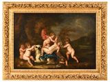 an image of a painting of a group of children playing with a dog
