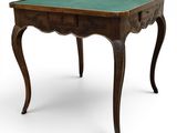 a small wooden table with a green top on a white background
