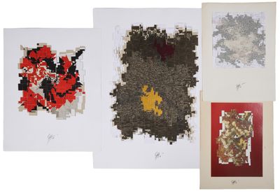 four framed photographs of different types of artwork on a white background