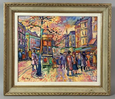 an oil painting of a city street scene with people walking by