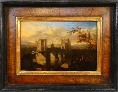 une peinture à l'huile représentant un pont sur une rivière avec un château à l'arrière-plan