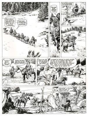 une page en noir et blanc d'une bande dessinée représentant un cheval dessiné par un homme