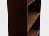 a tall wooden bookcase with four shelves on each side