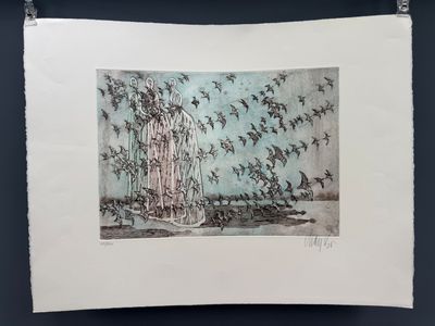 dessin représentant une volée d'oiseaux survolant une fontaine