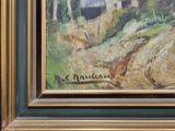a picture of a painting of a house on a hill