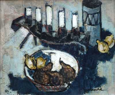 un tableau représentant un bol de nourriture et un candélabre
