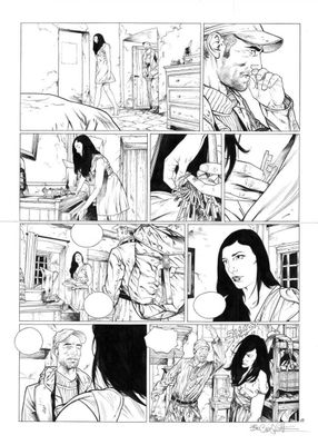 une image en noir et blanc tirée d'une bande dessinée, représentant une femme en train de parler au téléphone