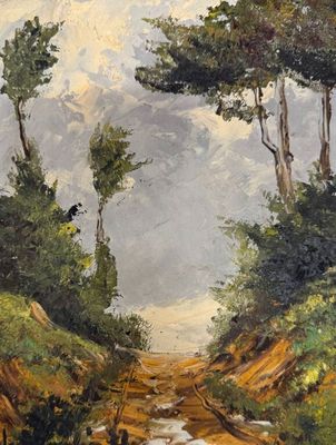 une image représentant un tableau d'un chemin de terre dans les bois
