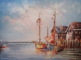 tableau représentant une scène portuaire avec des bateaux et des bâtiments en arrière-plan