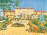 a painting of a house with a garden in front of it