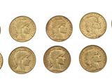 a group of six gold coins with faces of men and women on them