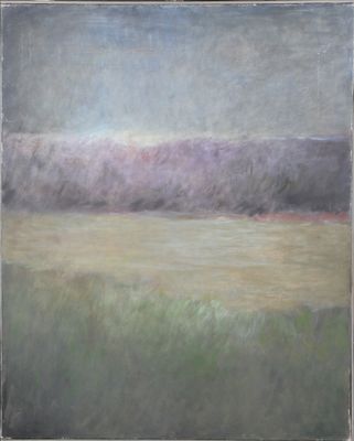 une peinture à l'huile représentant un champ d'herbe avec le ciel en arrière-plan