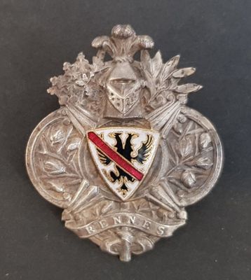 a close up of a metal badge with a shield and two swords on it