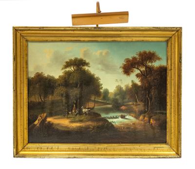 une image représentant un tableau représentant un paysage avec du bétail près d'un ruisseau