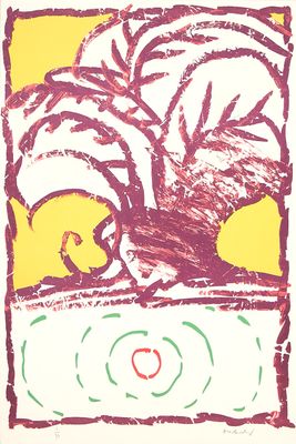 un dessin représentant une plante en pot avec un oiseau à l'intérieur