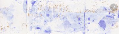 a blue and white painting on the wall of a bathroom