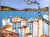 an oil painting of a view of a town with a tree in the foreground