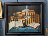 un tableau représentant des livres et une horloge posés sur une table