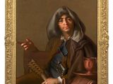 portrait of a man in a brown coat with a cane by a table