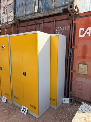 three yellow lockers sitting next to each other on the side of the road