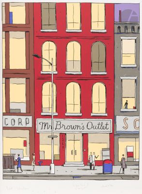 drawing of a red building with a sign that says my brown ' s outlet