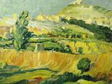 une peinture à l'huile représentant un paysage avec une colline en arrière-plan