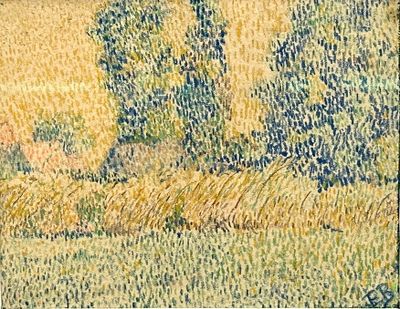 une peinture d'un champ avec des arbres en arrière-plan
