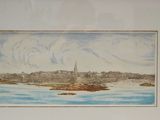 a picture of a painting of a city by the water