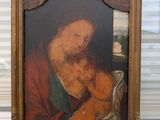 painting of a man holding a baby in his arms on a window sill
