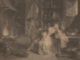 a drawing of a woman sitting at a table in a kitchen