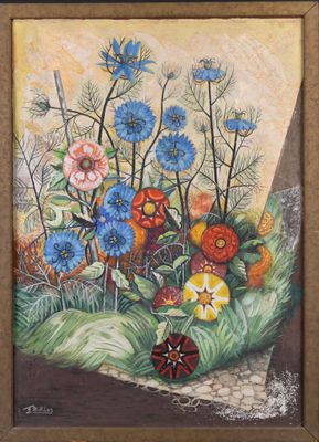 painting of a painting of a garden with flowers and butterflies