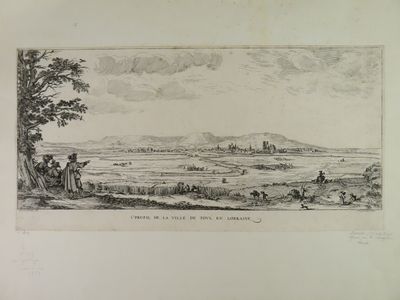 an old drawing of a view of a town with a castle in the distance