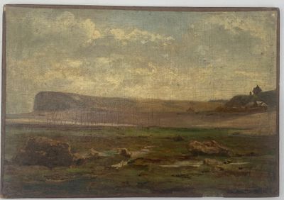 un vieux tableau représentant un paysage avec un château au loin