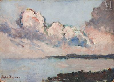 une peinture à l'huile représentant un ciel nuageux au-dessus d'un plan d'eau
